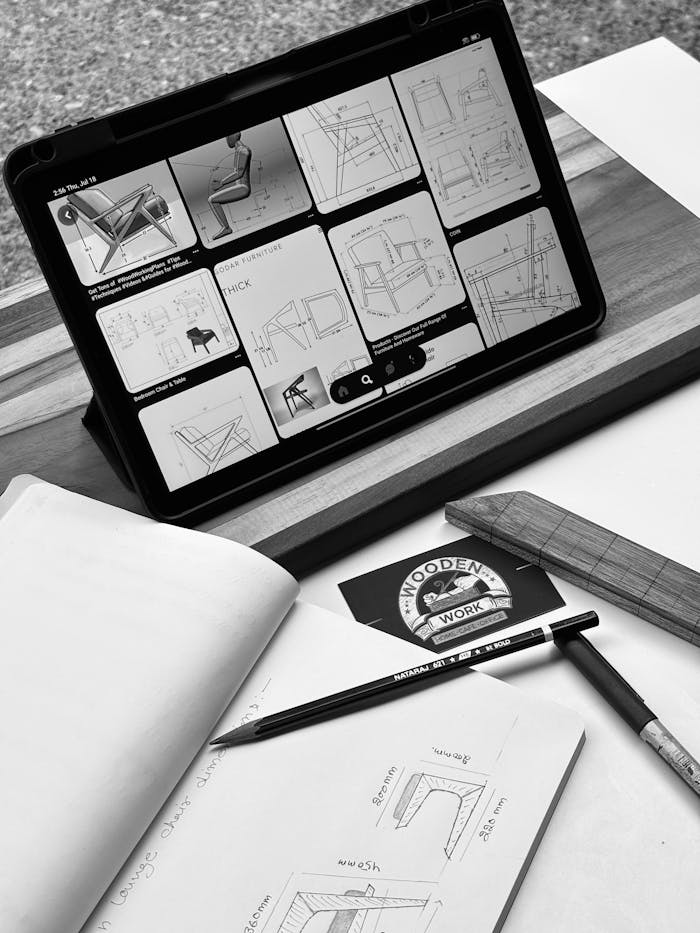 Black-and-white workspace with sketches and tablet displaying design concepts.